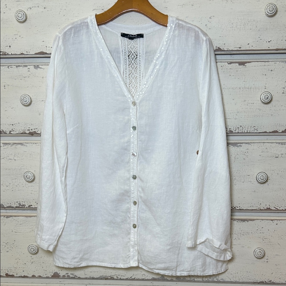 Charlie B Linen Blouse White Lace Sequin Roll Tab Sleeve Italy L